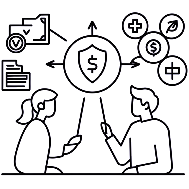 An illustration of two people collaborating over money, security, and healthcare.